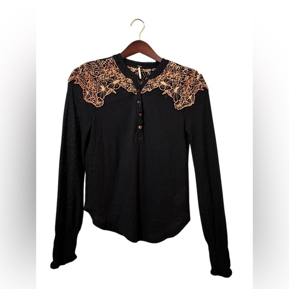 Free People Tops - Free People Black Embroidered Lace Yoke Blouse Size M Boho Sheer Top